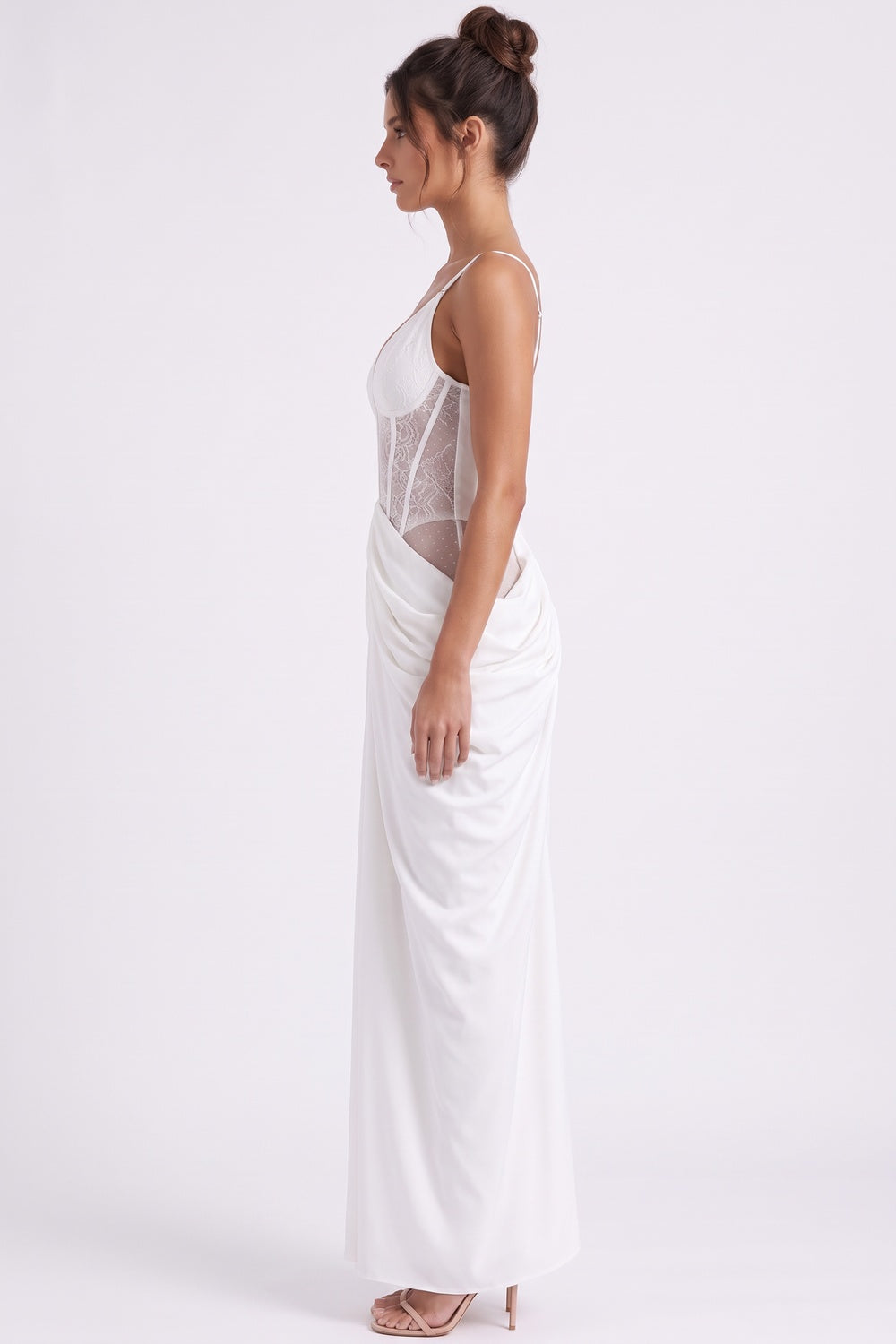 White Crepe Maxi Dress with Corset Lace Bodice and Draped Skirt white crepe maxi dress - product view 5
