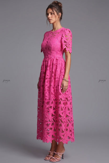 Magenta Guipure Lace A-Line Midi Dress magenta guipure lace dress - product view 3