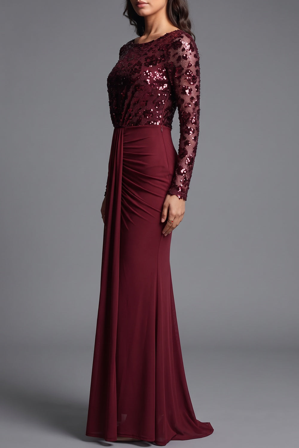 burgundy sequined mesh column evening gown burgundy sequined mesh evening gown - product view 5