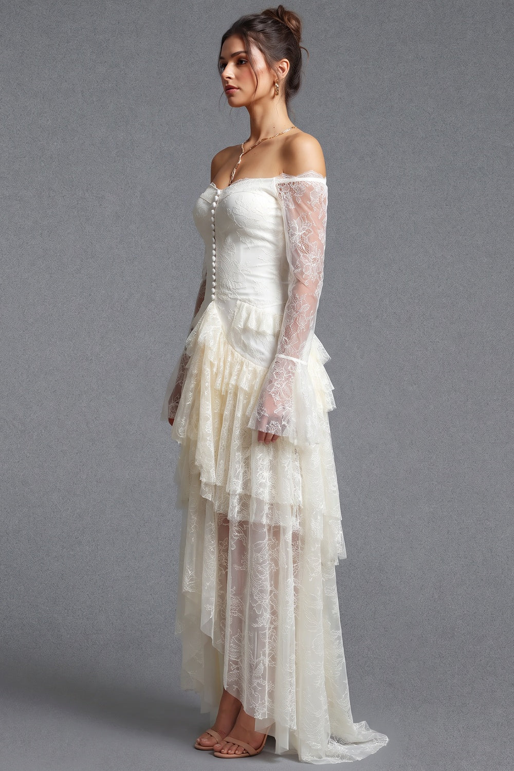 Ivory Floral Lace Off-Shoulder A-Line Maxi Dress with Tiered Ruffles ivory, cream floral lace dress - product view 5