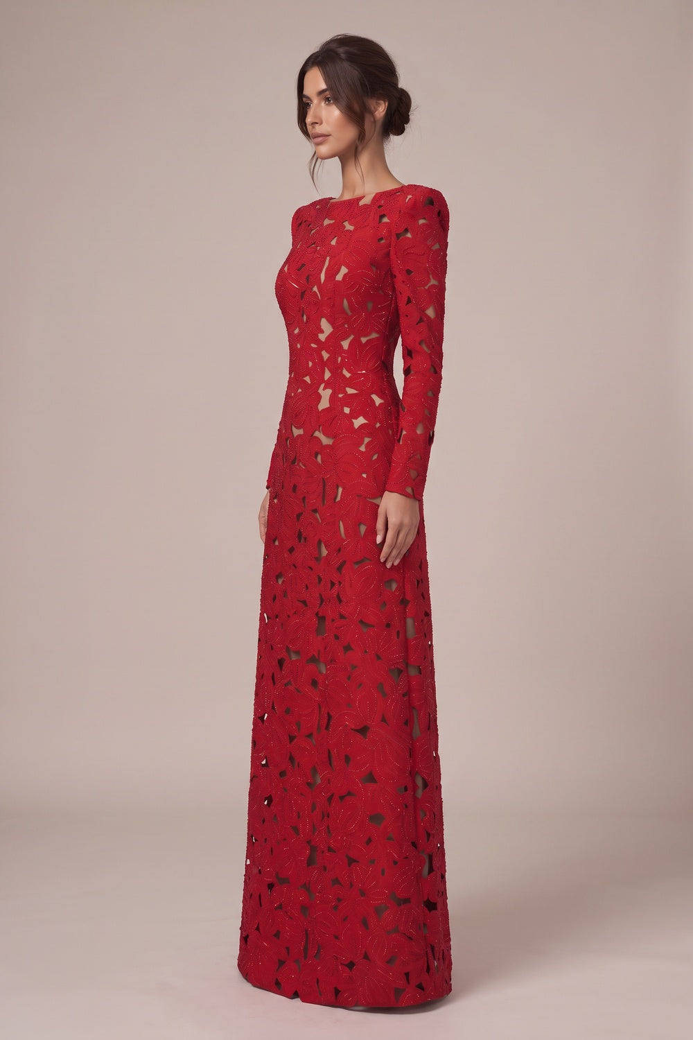 Red Laser-Cut Structured Fabric A-Line Gown red laser-cut structured fabric gown - product view 5