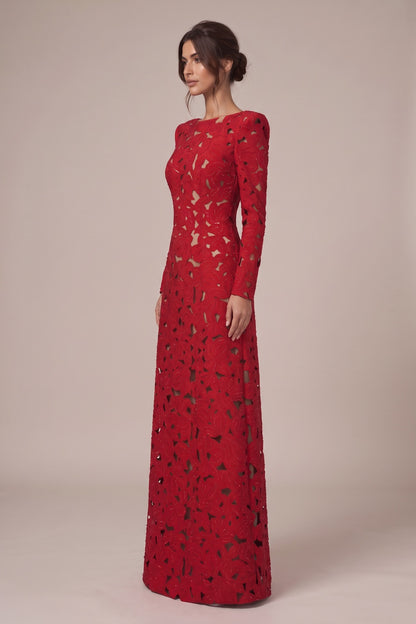 Red Laser-Cut Structured Fabric A-Line Gown red laser-cut structured fabric gown - product view 5