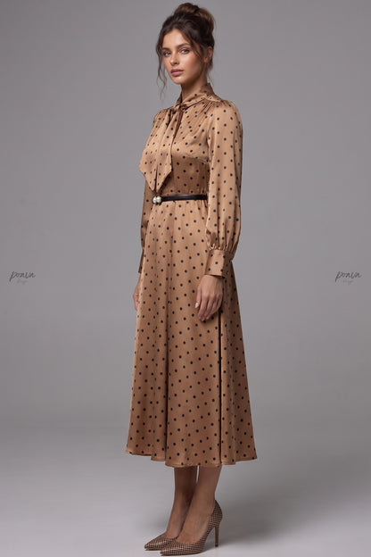 Bronze-gold Satin Polka Dot A-line Midi Dress Bronze-gold Satin Midi dress - product view 4