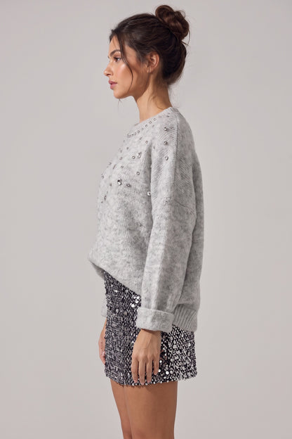 Heather Grey Fuzzy Knit Sweater with Sequin Mini Skirt Two-Piece Set Heather grey, Silver, Black Fuzzy, heathered knit (sweater); sequined woven fabric (skirt) Two-piece outfit (sweater and skirt) - product view 5