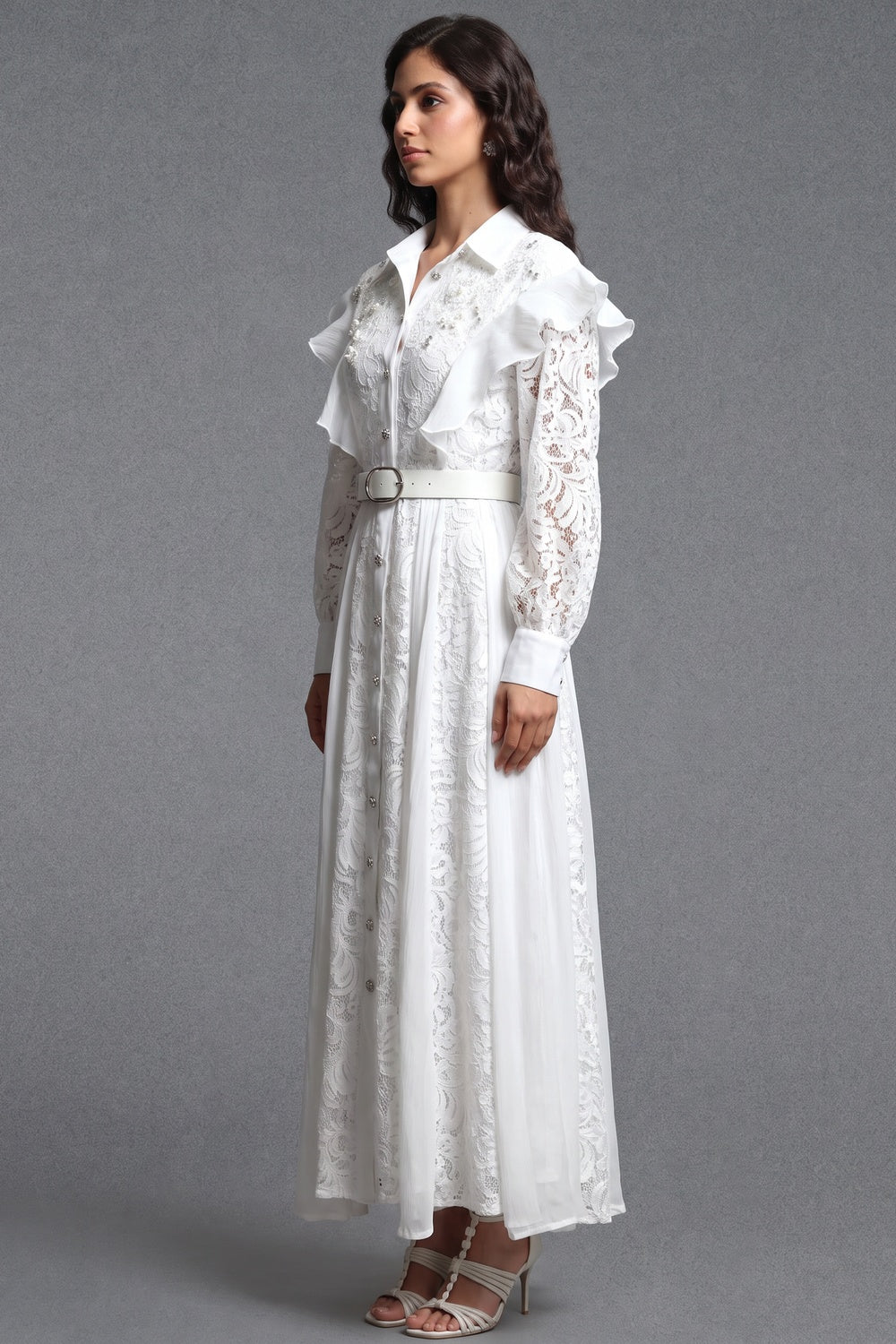 White Floral Lace A-Line Maxi Shirt Dress white floral lace shirt dress - product view 5