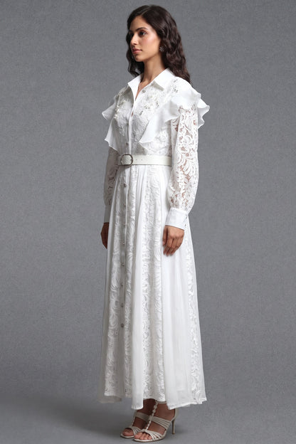 White Floral Lace A-Line Maxi Shirt Dress white floral lace shirt dress - product view 5