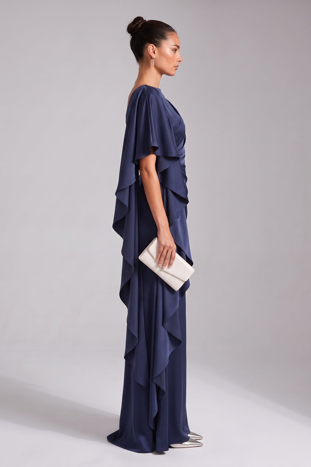 Navy Blue Satin Column Evening Gown with Asymmetrical Drape navy blue satin evening gown - product view 5