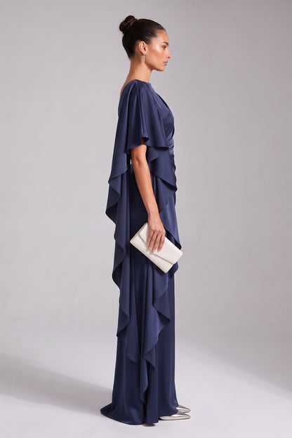 Navy Blue Satin Column Evening Gown with Asymmetrical Drape navy blue satin evening gown - product view 5