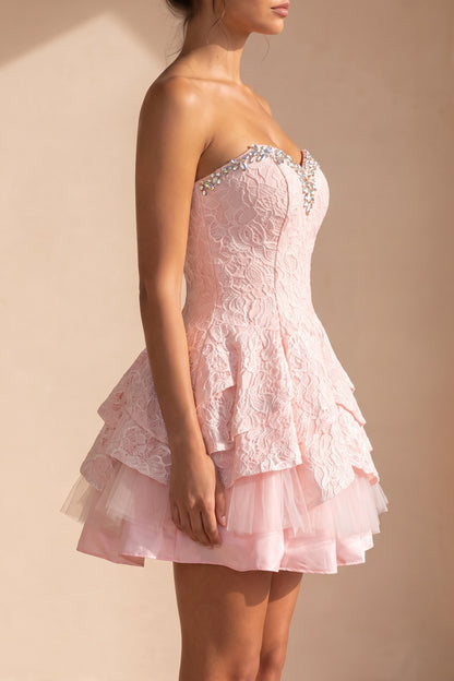 Light Pink Floral Lace Fit-and-Flare Mini Dress with Crystal Embellishments light pink floral lace dress - product view 5