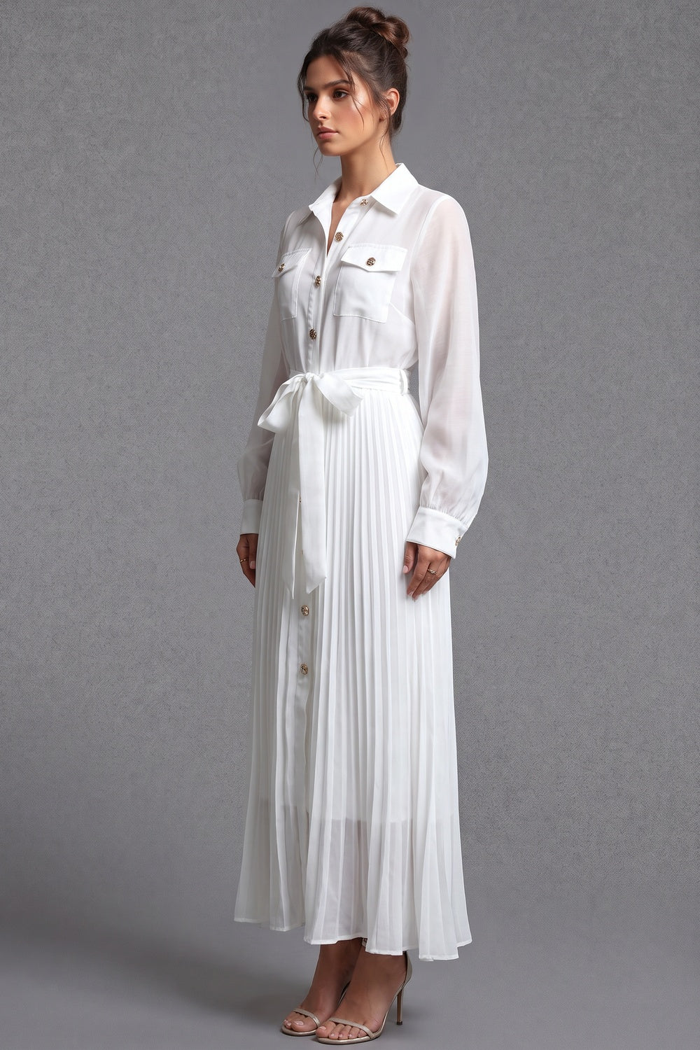 White Semi-Sheer Chiffon Pleated Shirt Dress white semi-sheer chiffon pleated shirt dress - product view 5