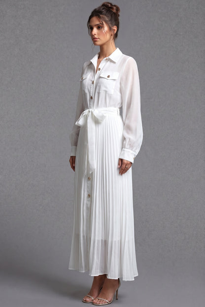 White Semi-Sheer Chiffon Pleated Shirt Dress white semi-sheer chiffon pleated shirt dress - product view 5