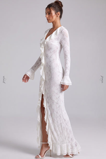 White Floral Stretch Lace Sheath Maxi Dress white floral stretch lace maxi dress - product view 3
