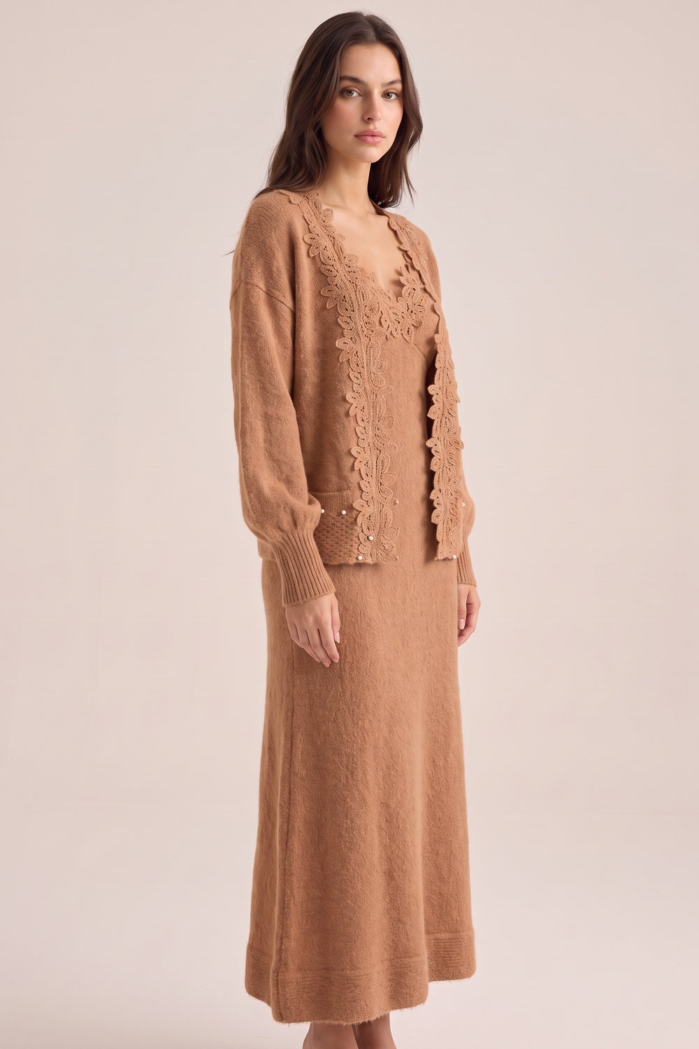 Camel Brown Fuzzy Mohair-Blend Knit Relaxed A-Line Maxi Dress with Open-Front Cardigan Two-Piece Set camel brown fuzzy mohair-blend knit two-piece knit set - product view 5