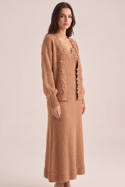 Camel Brown Fuzzy Mohair-Blend Knit Relaxed A-Line Maxi Dress with Open-Front Cardigan Two-Piece Set camel brown fuzzy mohair-blend knit two-piece knit set - product view 5