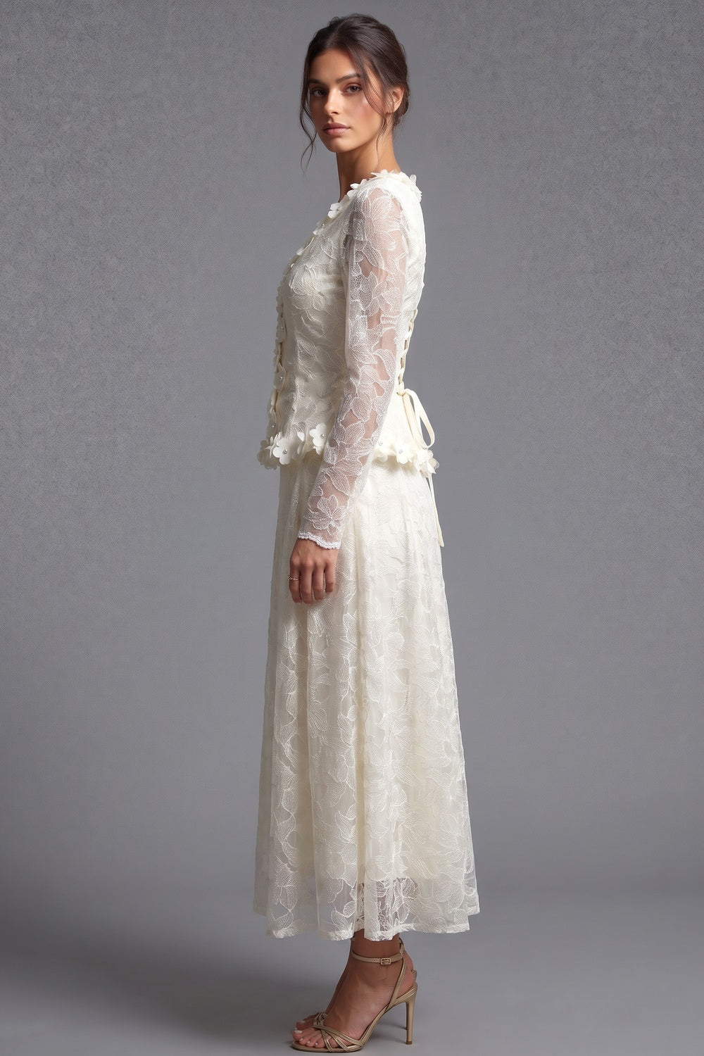 Cream Floral Lace Peplum Top & A-Line Midi Skirt Two-Piece Set cream, ivory floral lace overlay two-piece skirt set - product view 5
