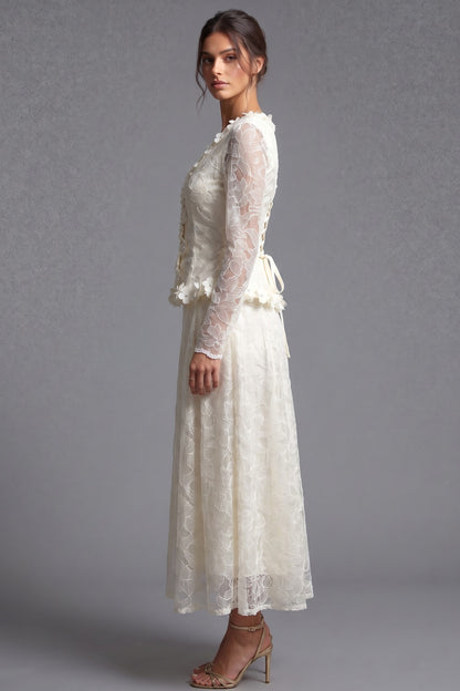 Cream Floral Lace Peplum Top & A-Line Midi Skirt Two-Piece Set cream, ivory floral lace overlay two-piece skirt set - product view 5