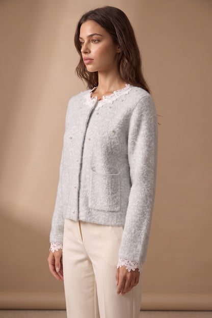 pale ice blue mohair-blend knit boxy, slightly cropped cardigan pale ice blue, light grey mohair-blend knit cardigan - product view 5