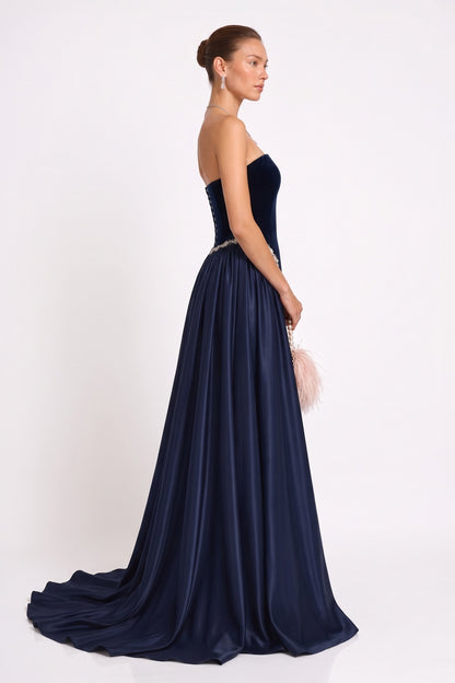 Navy Blue Strapless Velvet and Satin Evening Gown Premium Fabric - product view 4