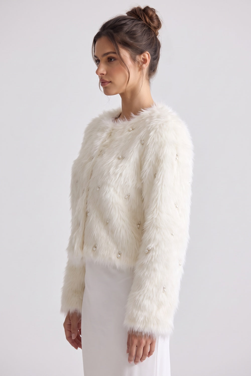 Off-White Faux Fur Shaggy Knit Cardigan With Pearl Embellishments off-white, cream faux fur / shaggy knit cardigan - product view 5