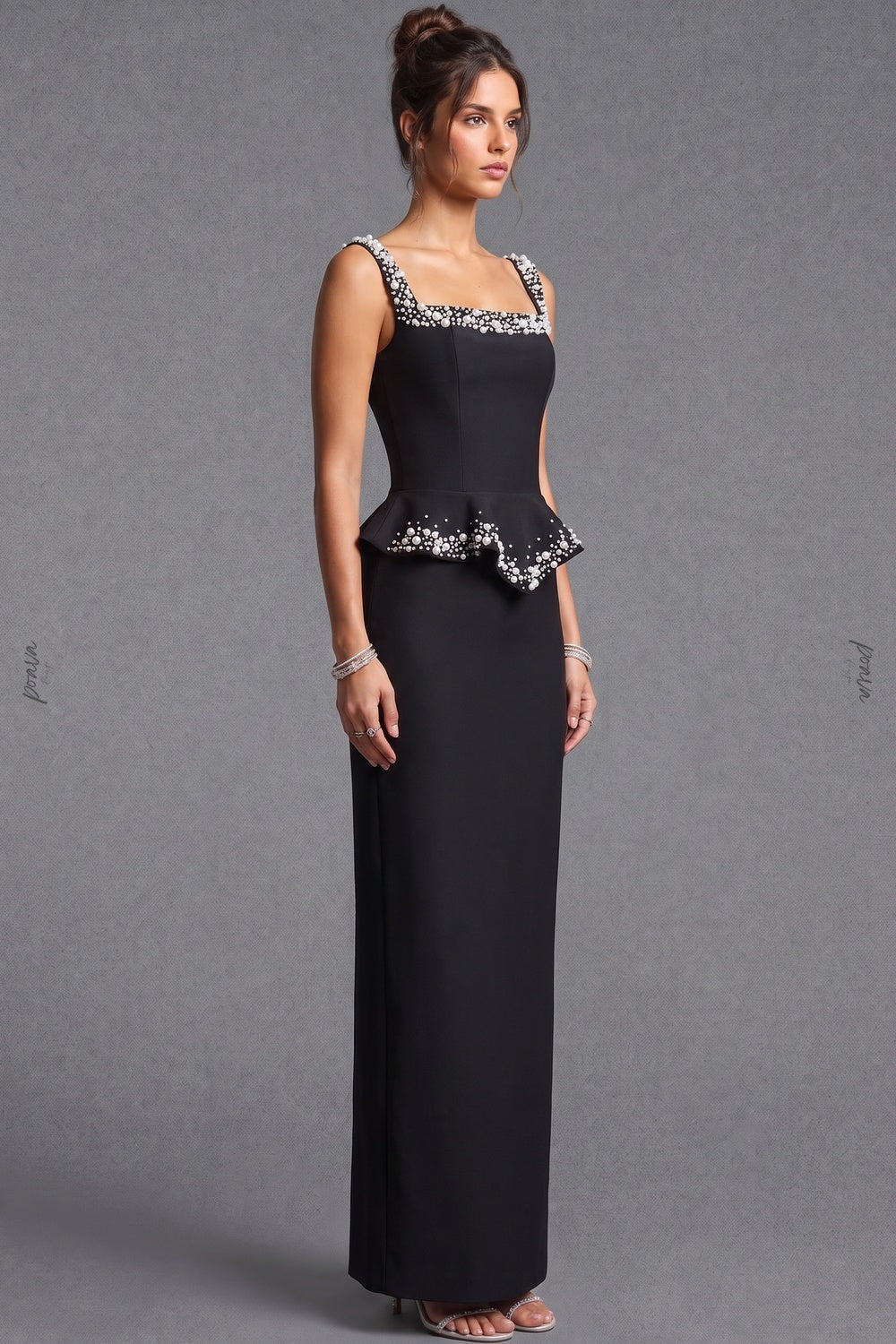 Black Heavy Crepe Column Gown with Structured Peplum and Pearl Embellishments black heavy crepe gown - product view 5