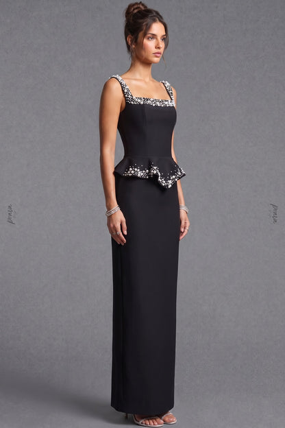 Black Heavy Crepe Column Gown with Structured Peplum and Pearl Embellishments black heavy crepe gown - product view 5