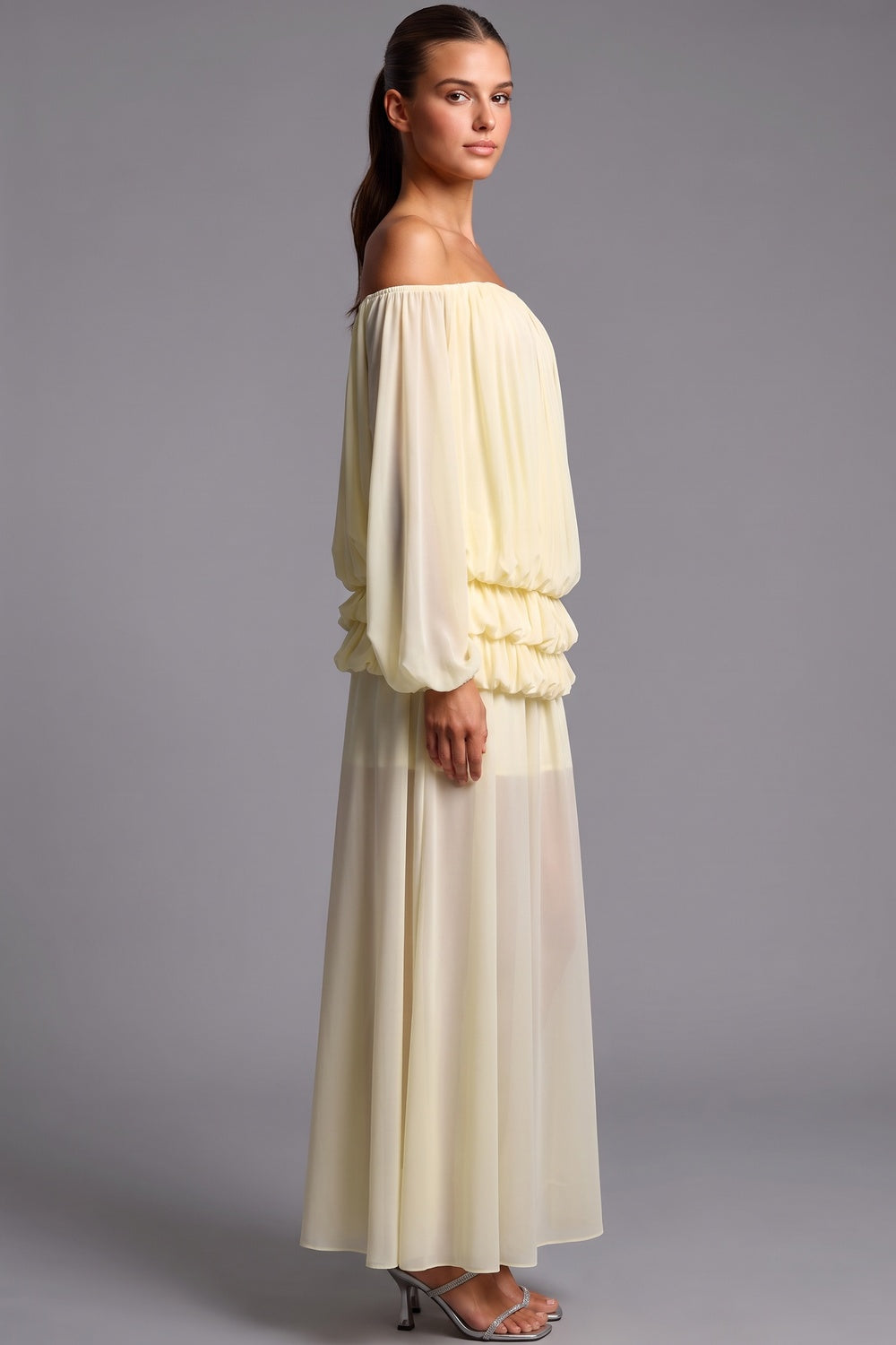 Pale Yellow Chiffon Off-The-Shoulder Blouson Two-Piece Set pale yellow chiffon two-piece set - product view 5