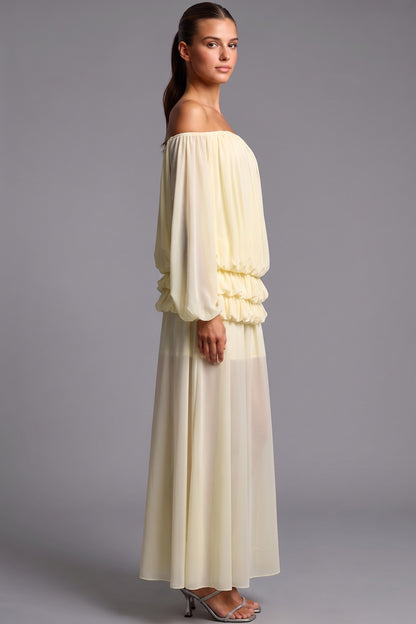 Pale Yellow Chiffon Off-The-Shoulder Blouson Two-Piece Set pale yellow chiffon two-piece set - product view 5