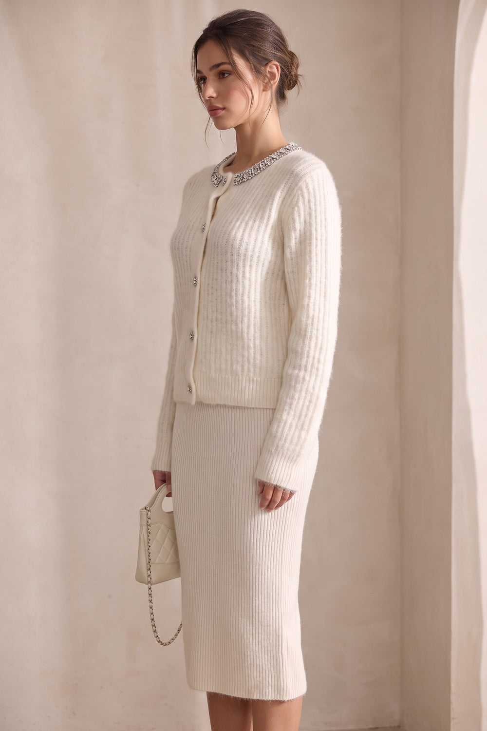 Off-White Fuzzy Knit Cardigan & Midi Skirt Set with Crystal Neckline Trim Off-white, Cream Fuzzy knit (mohair or angora blend) Two-piece knit set (cardigan and skirt) - product view 5