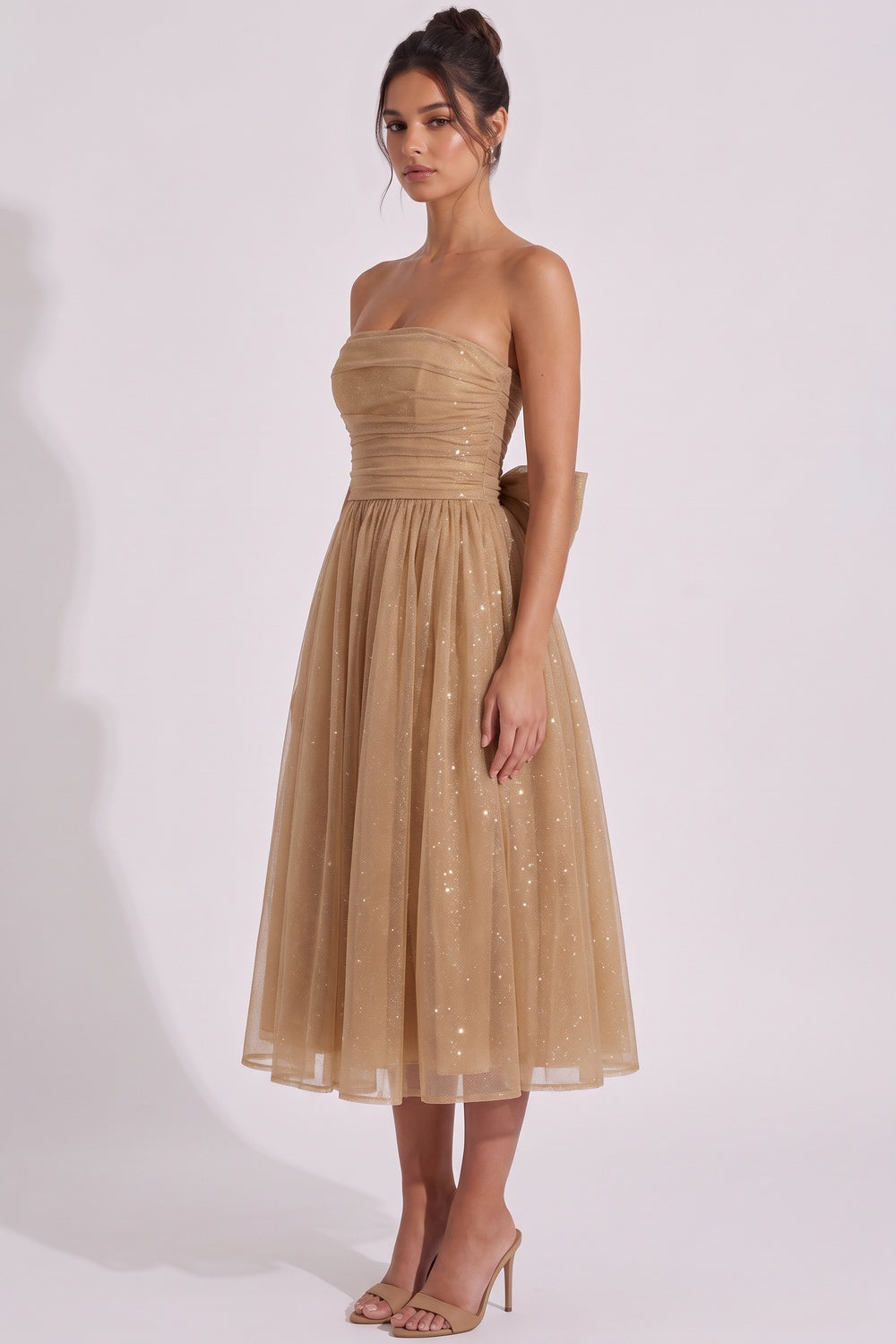 Gold Glitter Tulle Overlay A-Line Fit-and-Flare Dress gold, bronze glitter tulle overlay dress - product view 5
