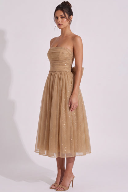 Gold Glitter Tulle Overlay A-Line Fit-and-Flare Dress gold, bronze glitter tulle overlay dress - product view 5