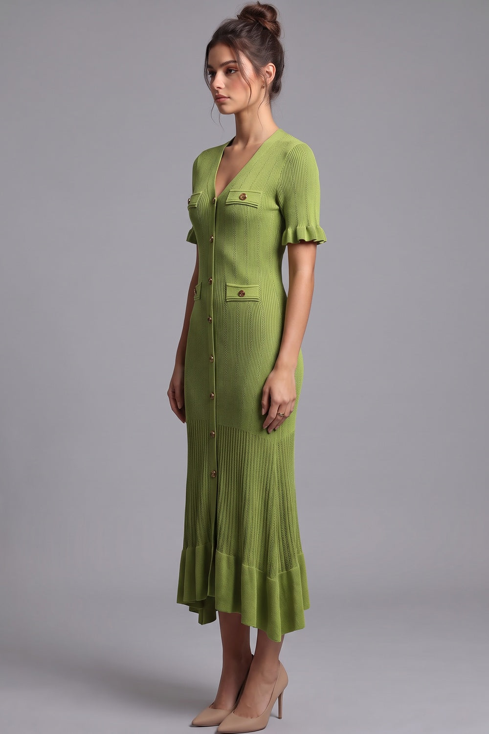 Olive Green Ribbed Knit A-Line Trumpet Midi Dress olive green ribbed knit dress - product view 5