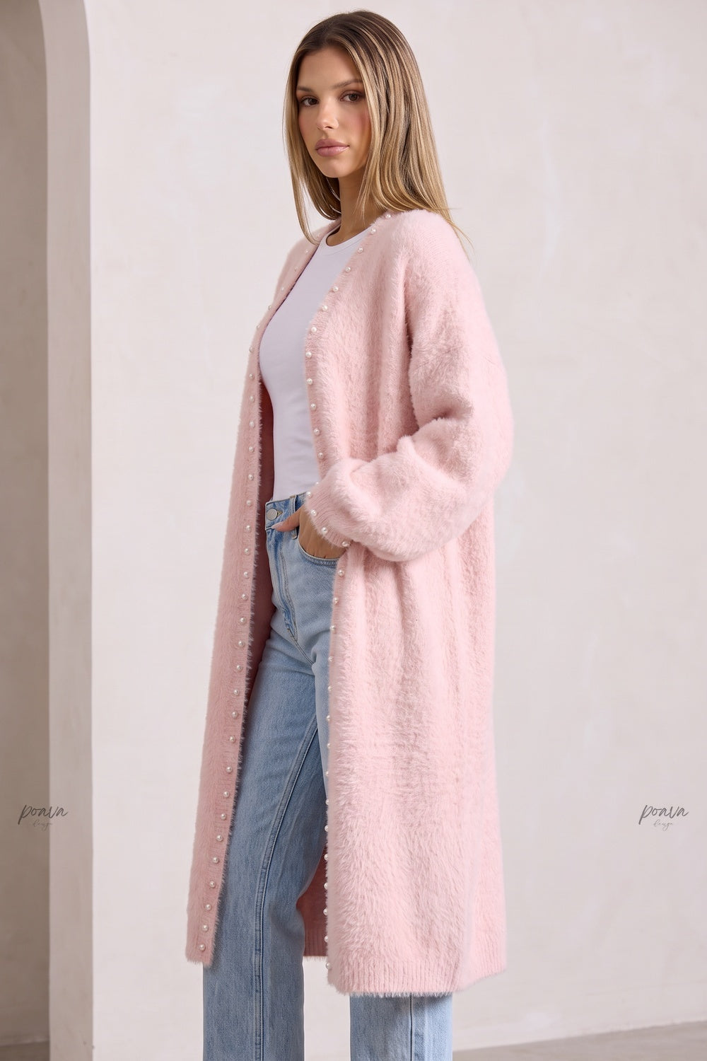 Pale Pink Eyelash Knit Oversized Cocoon Open-Front Cardigan pale pink eyelash knit long open-front cardigan - product view 5