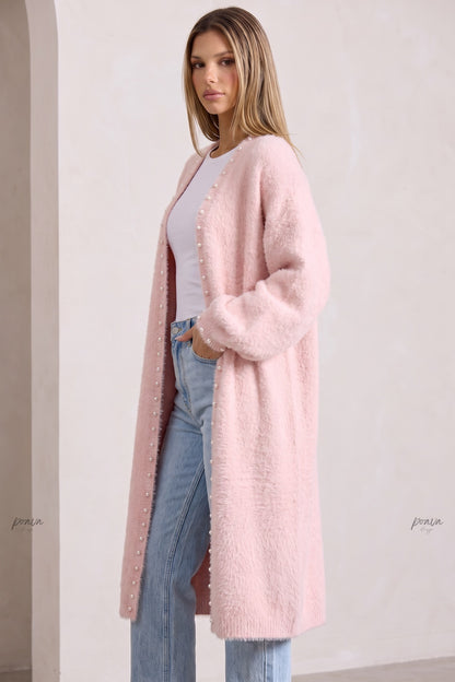 Pale Pink Eyelash Knit Oversized Cocoon Open-Front Cardigan pale pink eyelash knit long open-front cardigan - product view 5