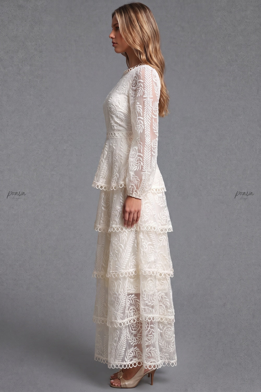 Off-white embroidered lace on mesh base tiered A-line maxi dress off-white embroidered lace on mesh base maxi dress - product view 5