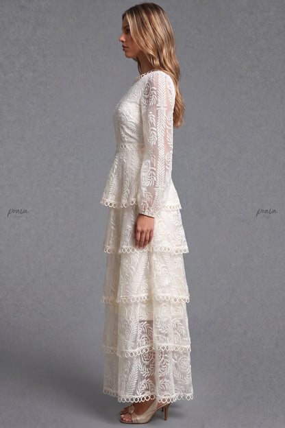Off-white embroidered lace on mesh base tiered A-line maxi dress off-white embroidered lace on mesh base maxi dress - product view 5