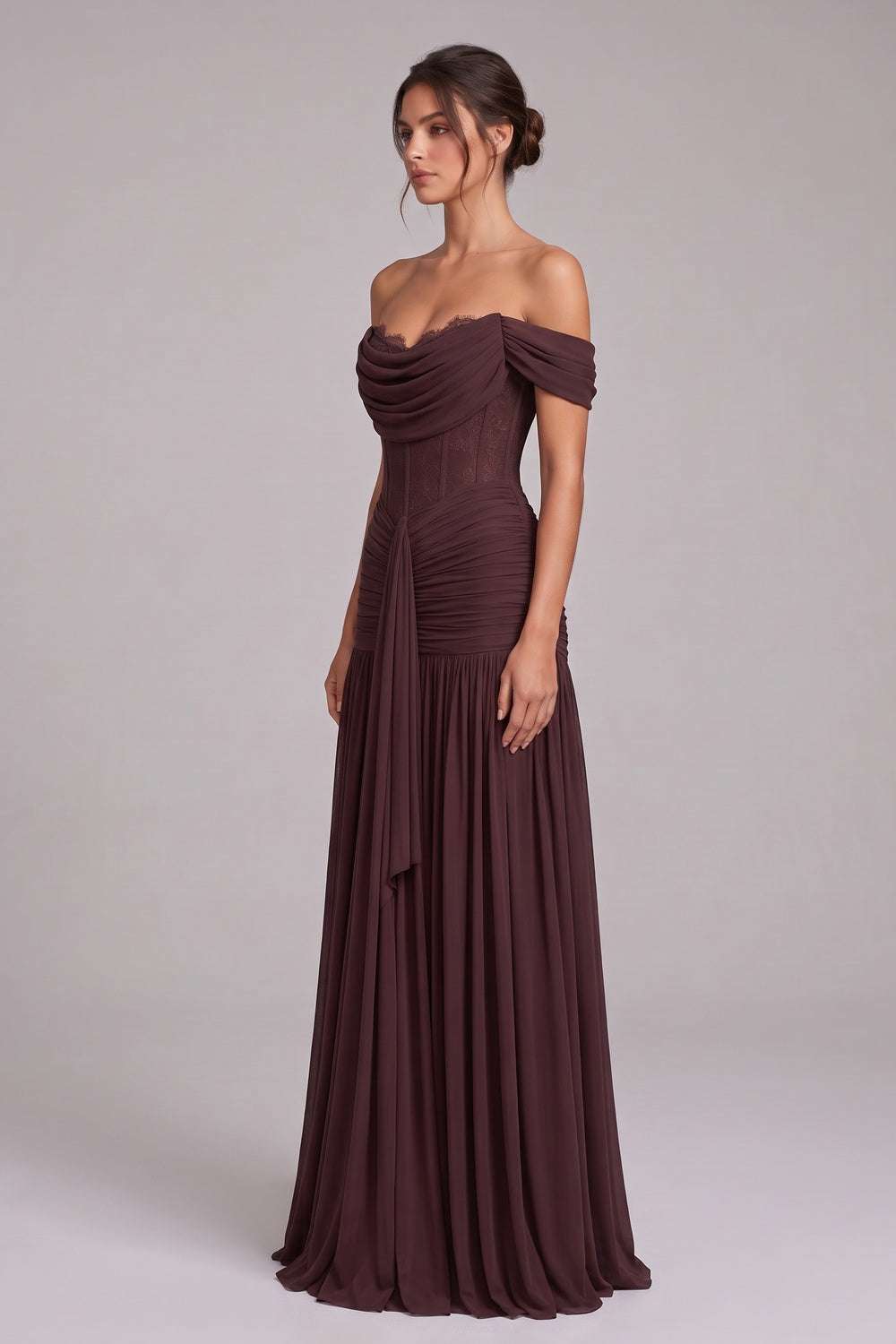 Chocolate Brown Chiffon Mesh Fitted Drop-Waist Gown chocolate brown chiffon mesh gown - product view 5