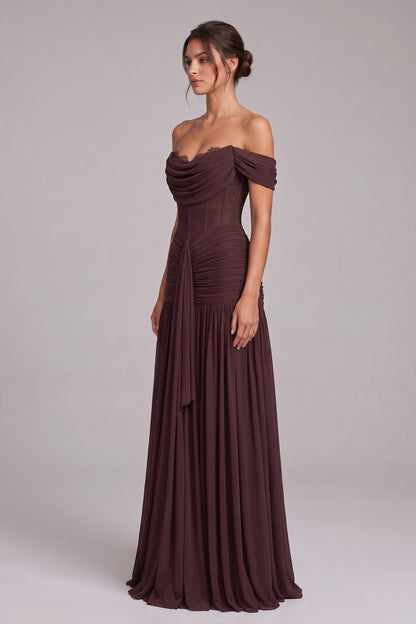 Chocolate Brown Chiffon Mesh Fitted Drop-Waist Gown chocolate brown chiffon mesh gown - product view 5
