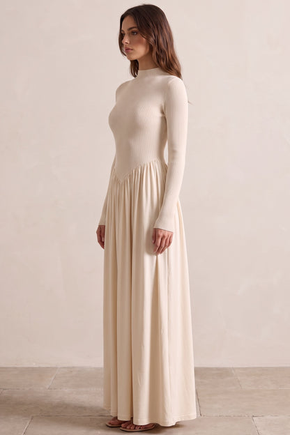 Cream Ribbed Knit Fitted Bodice with Gathered A-Line Skirt Dress cream ribbed knit dress - product view 5