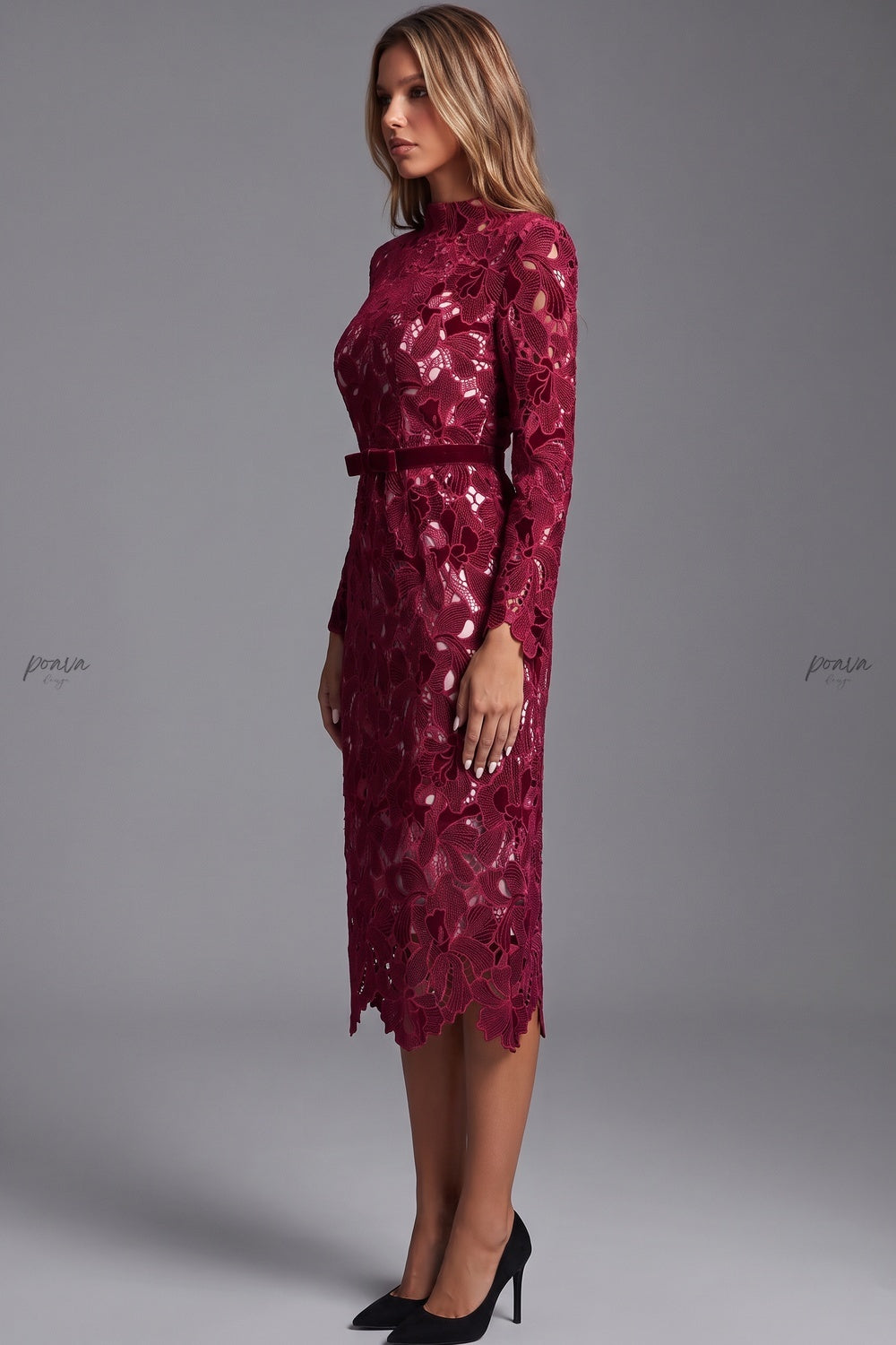 Burgundy Corded Floral Lace Sheath Dress burgundy corded floral lace dress - product view 5