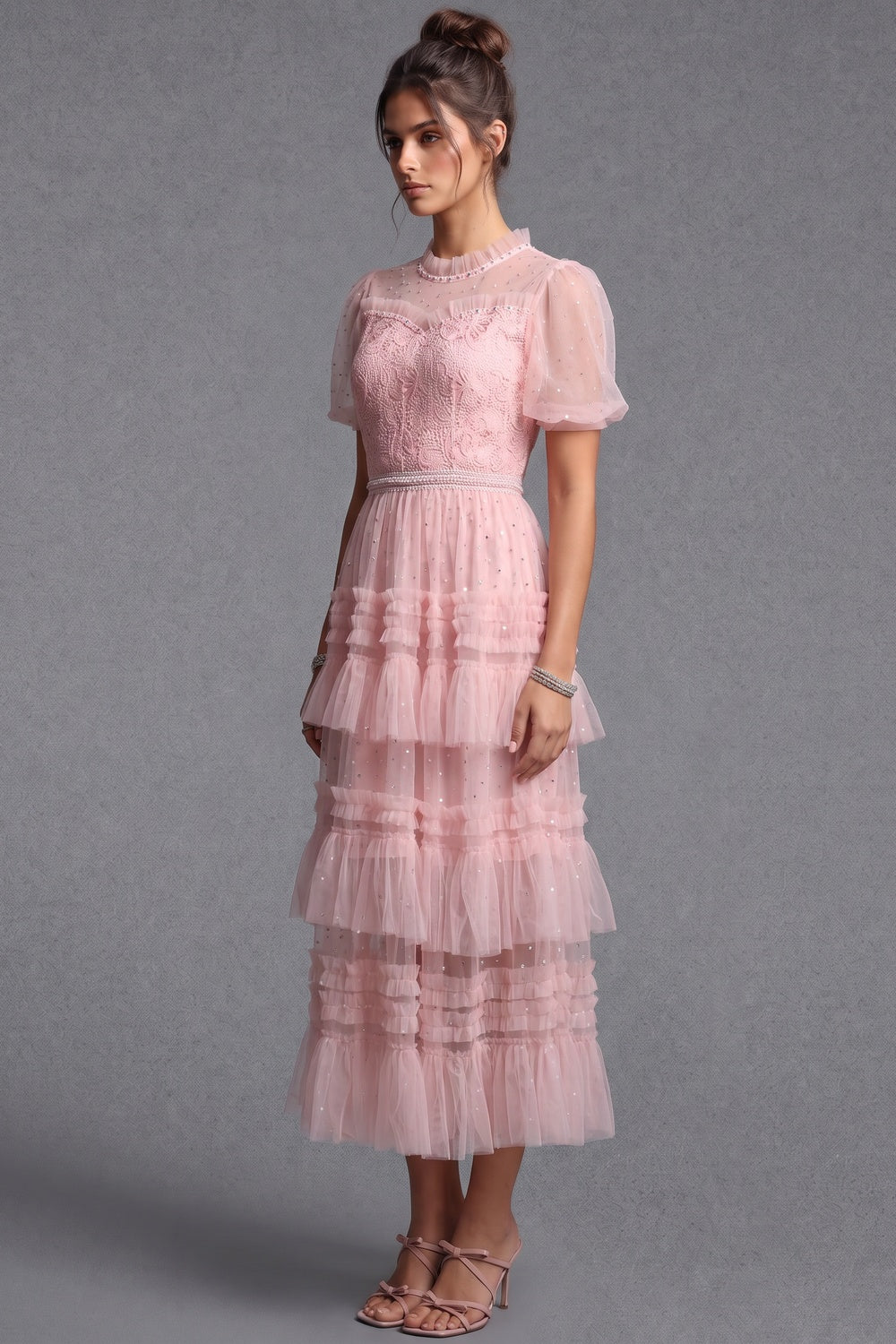 Light Pink Tulle A-Line Tiered Midi Dress light pink tulle midi dress - product view 5