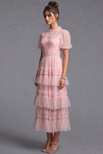 Light Pink Tulle A-Line Tiered Midi Dress light pink tulle midi dress - product view 5