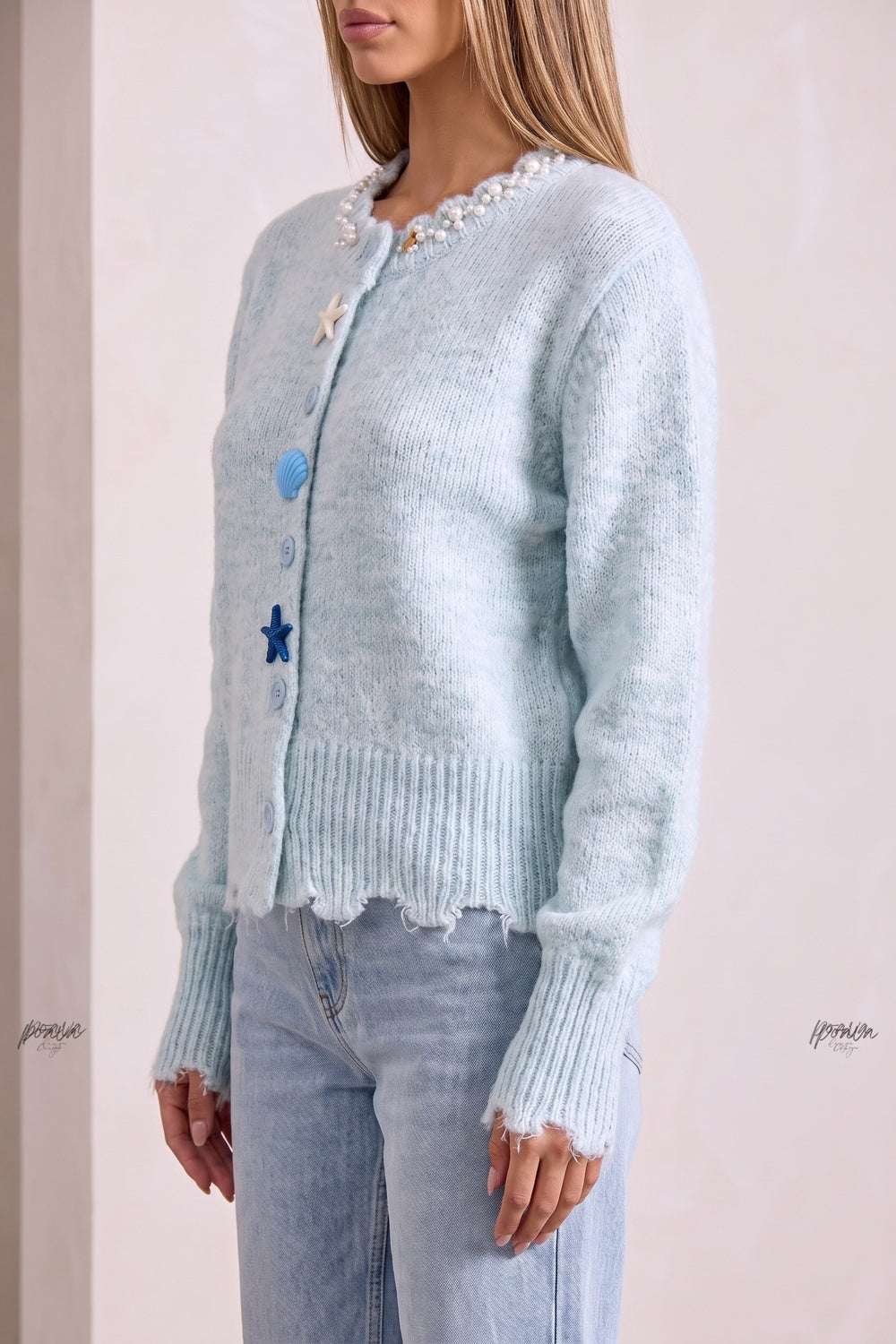 Light Blue Fuzzy Mohair-Blend Cropped Cardigan light blue fuzzy mohair-blend knit cardigan - product view 5