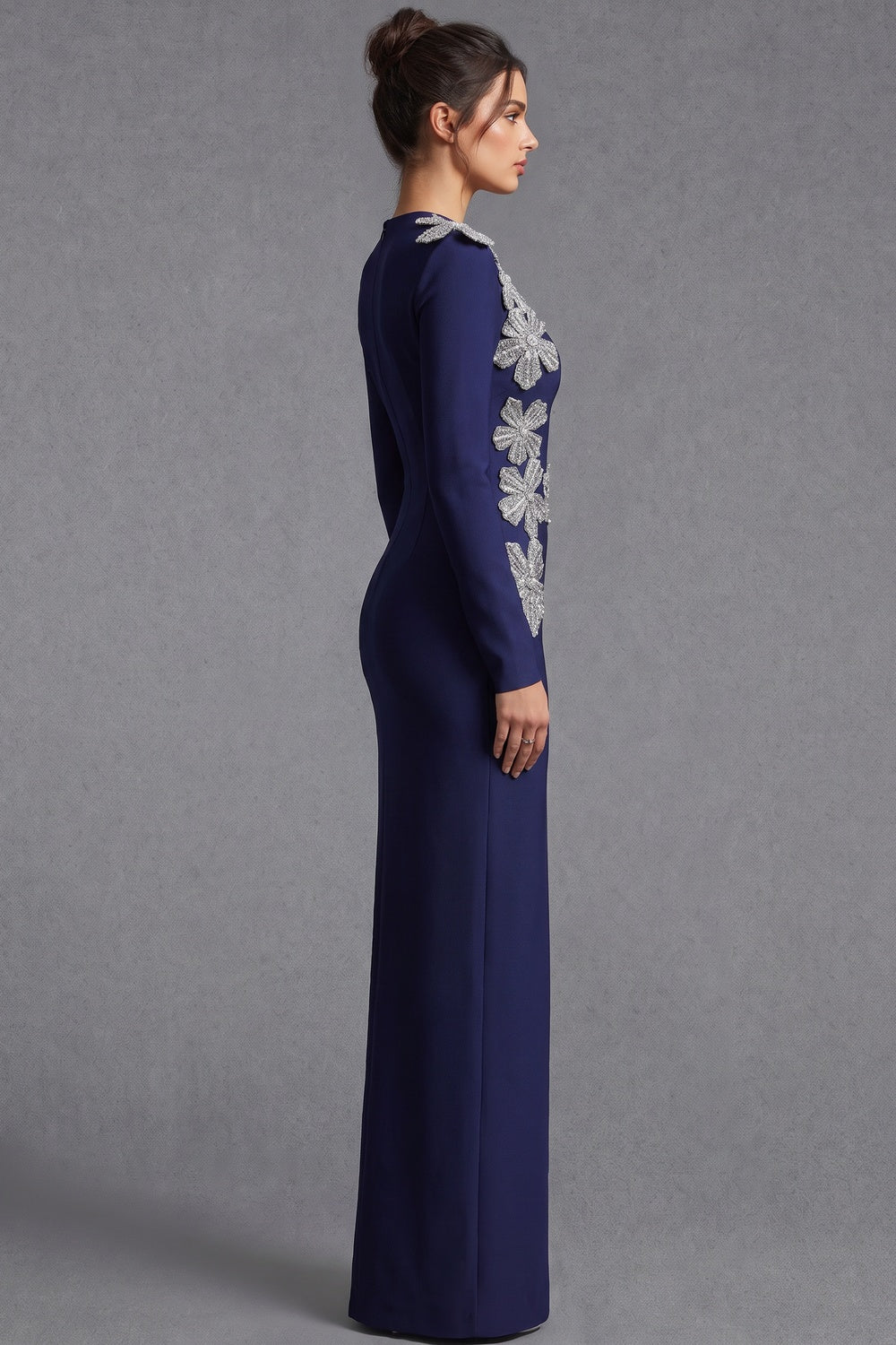 Navy Blue Heavy Crepe Column Evening Gown with Silver Floral Appliqué navy blue heavy crepe evening gown - product view 5