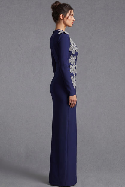 Navy Blue Heavy Crepe Column Evening Gown with Silver Floral Appliqué navy blue heavy crepe evening gown - product view 5