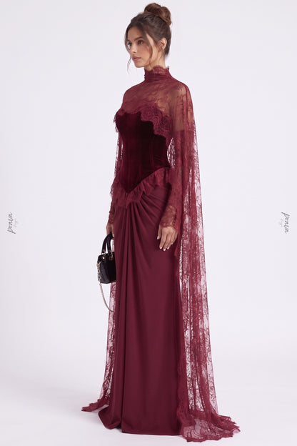 Burgundy Velvet Corset Evening Gown with Lace Cape Overlay burgundy velvet (bodice), fluid crepe/satin (skirt) evening gown - product view 5