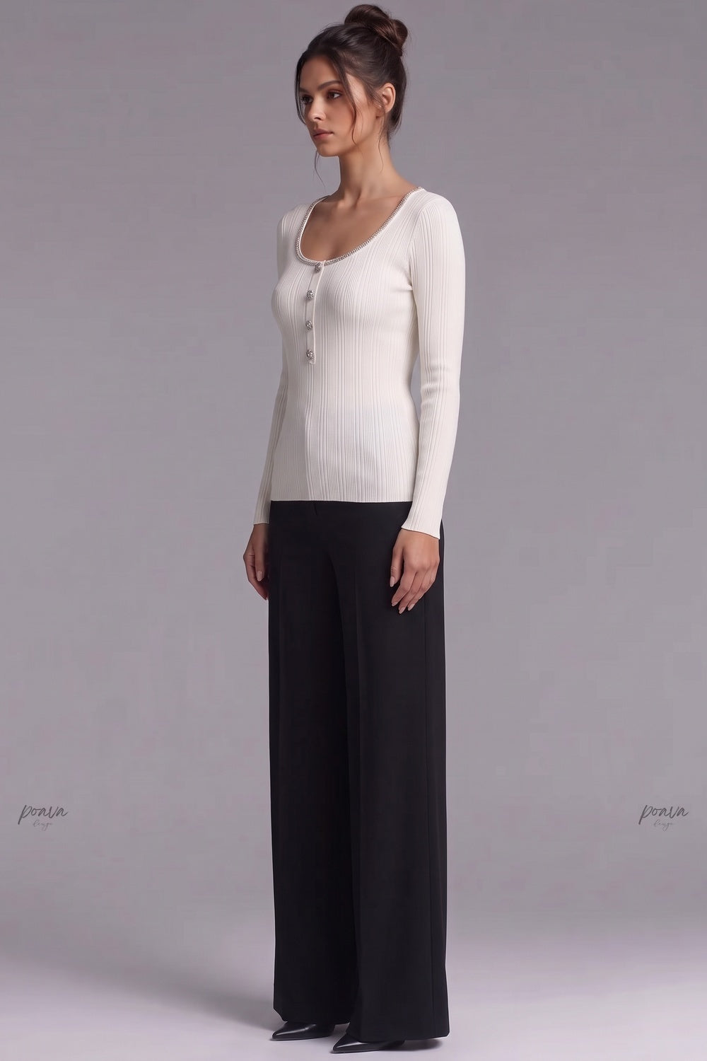 Ivory Ribbed Knit Top with Metallic Beaded Scoop Neckline ivory, off-white ribbed knit knit top - product view 5