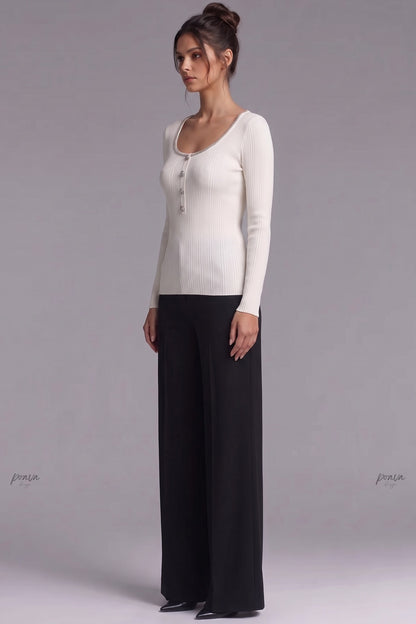 Ivory Ribbed Knit Top with Metallic Beaded Scoop Neckline ivory, off-white ribbed knit knit top - product view 5