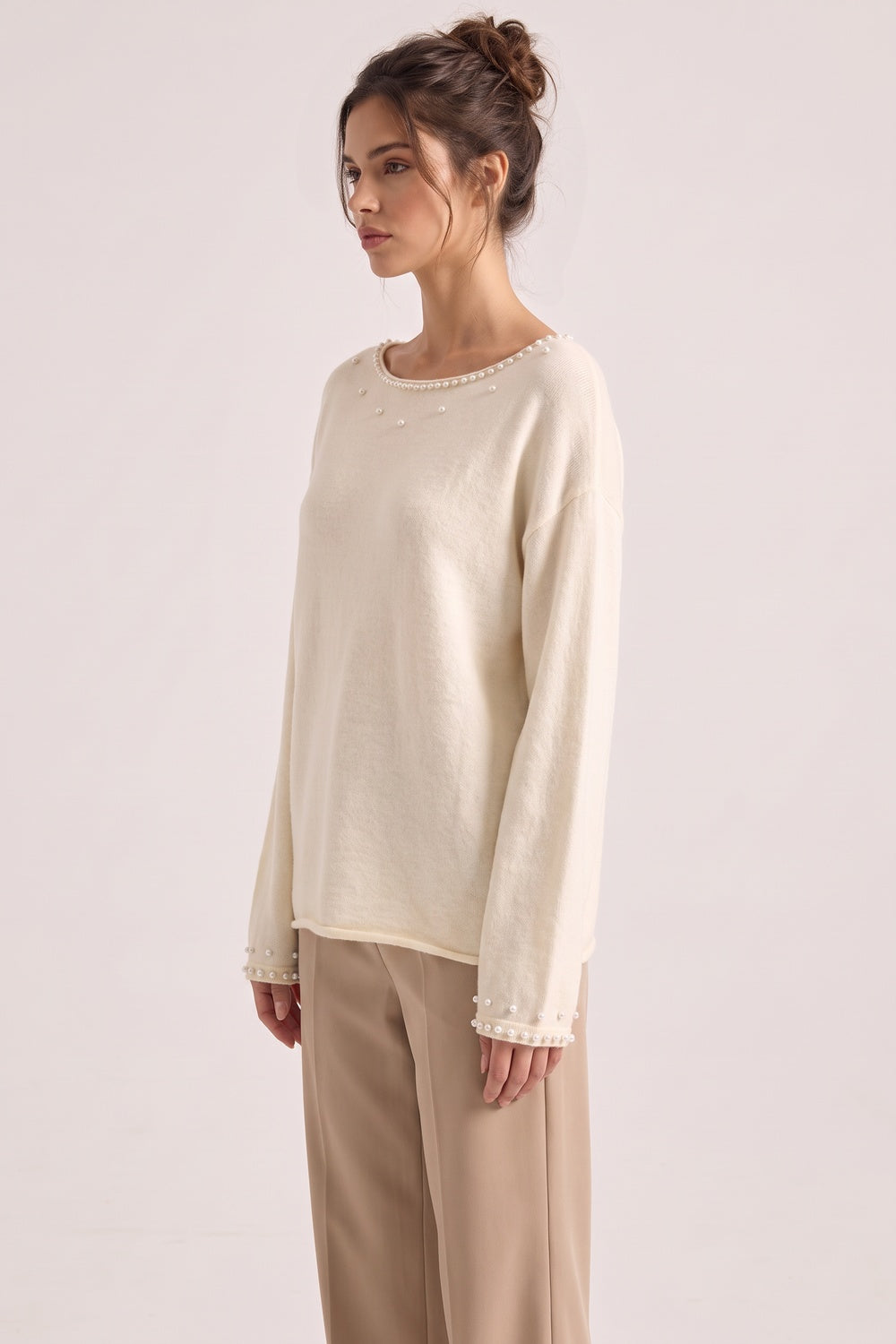 Relaxed Cream Knit Sweater with Pearl Bead Embellishments cream, off-white fine-gauge knit sweater - product view 5