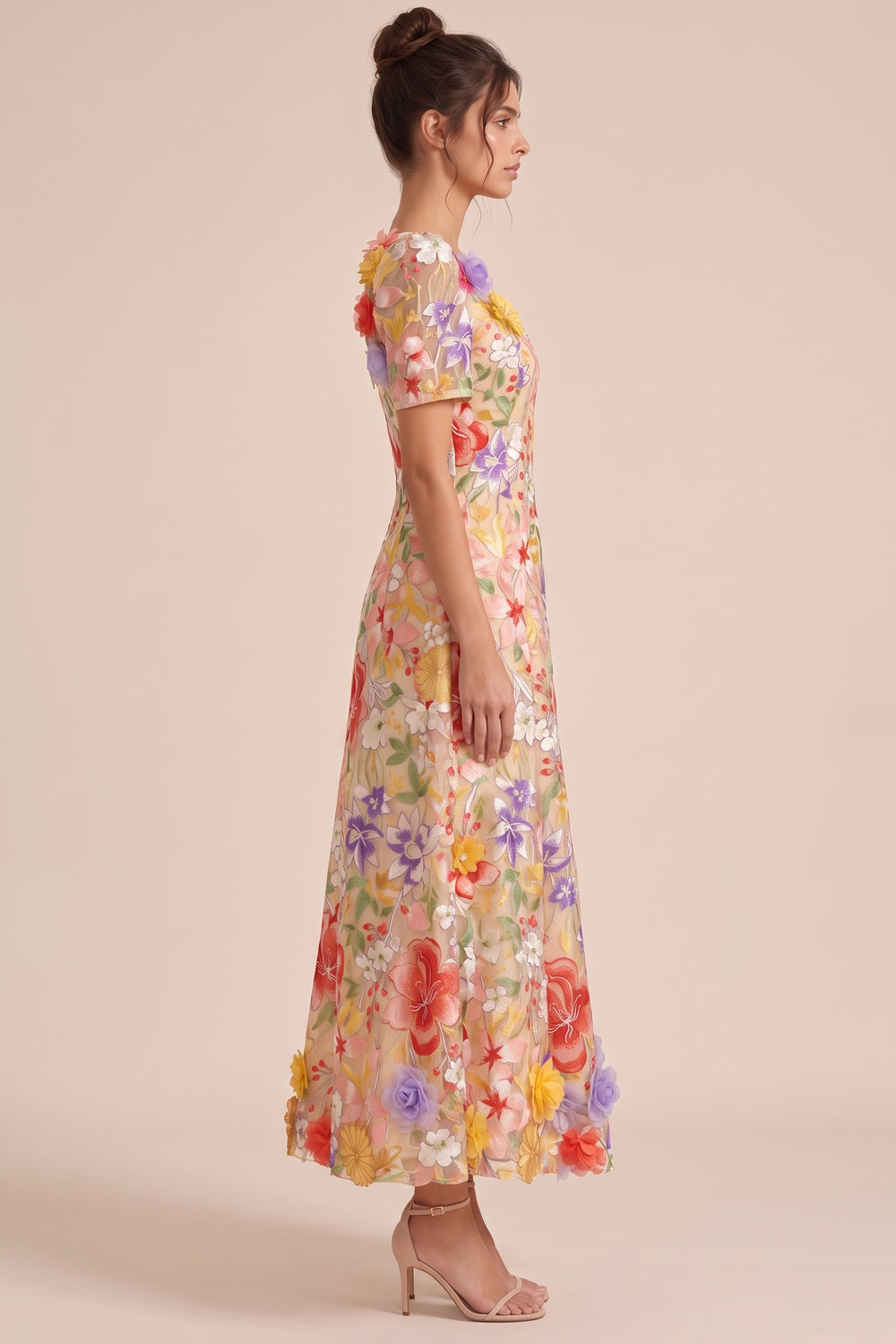 Nude Sheer Organza A-Line Midi Dress with Multicolor 3D Floral Embroidery nude, beige sheer organza overlay dress - product view 5