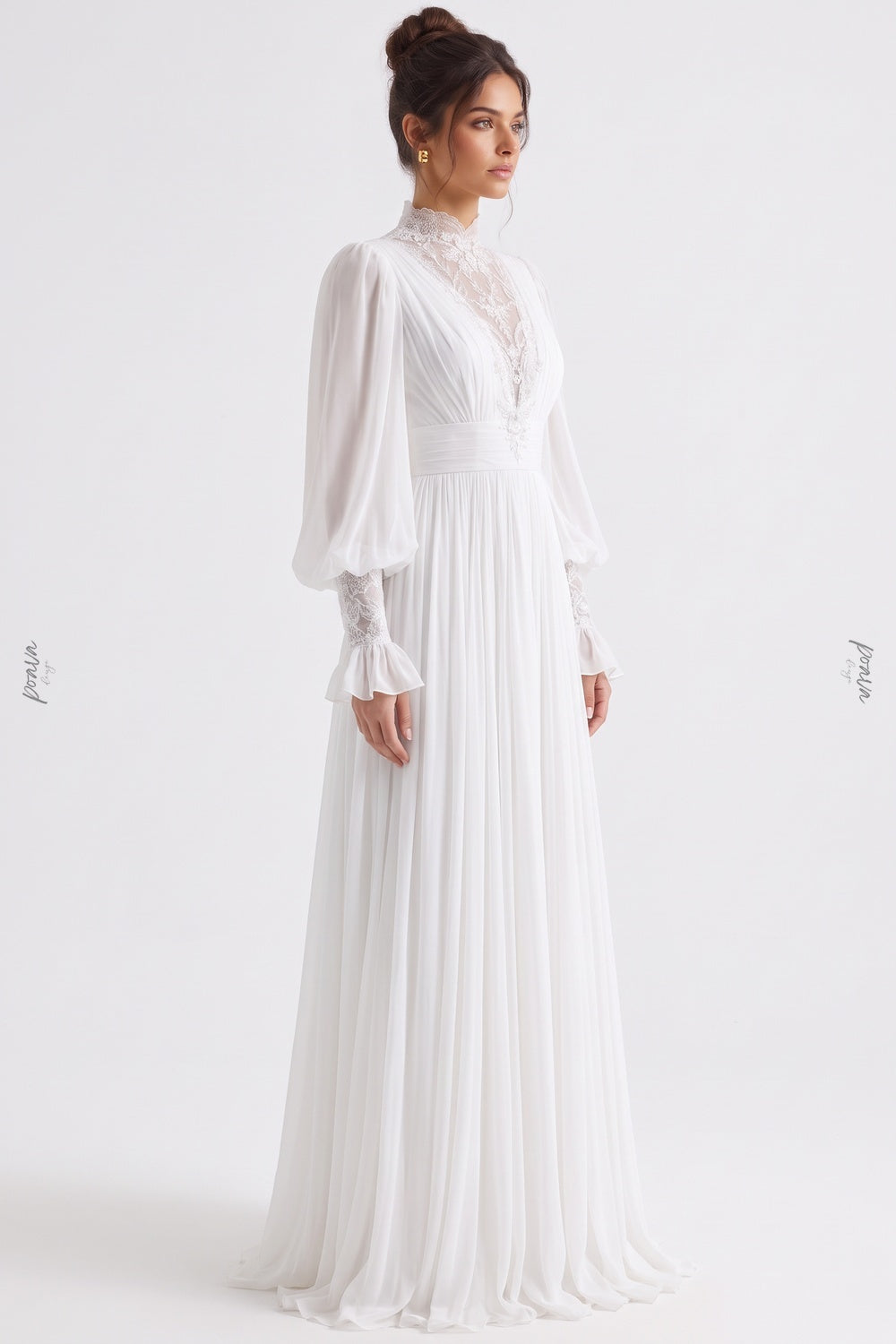 White Chiffon A-Line Gown with Lace Details white chiffon gown - product view 5